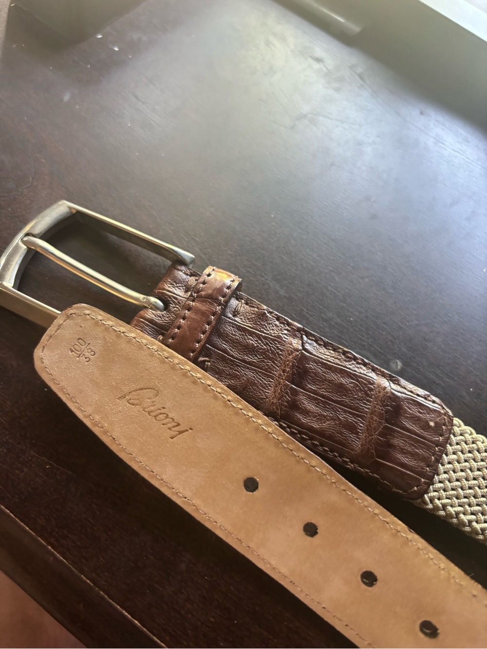 Brioni Brown Crocodile Leather and Woven Tan Belt with Silver Buckle